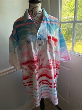 Men's Short-Sleeve Button-Down Shirt in Pink, Red & Blue